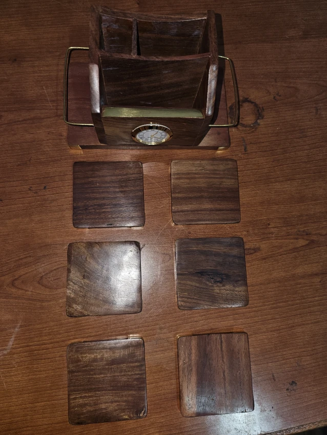 wooden clock stand and tea coasters