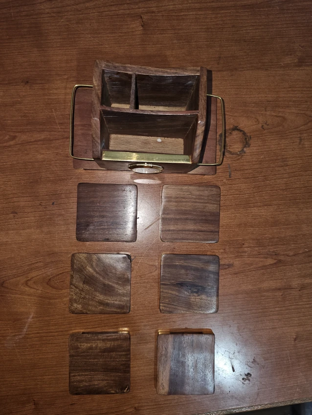 wooden clock stand and tea coasters
